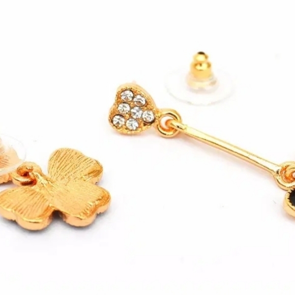 Gold-plated Crystal black mismatched clover Leaf earrings with silver post BOGO - Picture 9 of 14